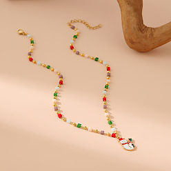 Снеговик Рождественский кулон из сплава и латуни с красной и белой эмалью, разноцветные бусины из смолы для женщин, золотые, снеговик, 15.75 дюйм (40 см), Кулон : 25 мм