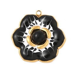 Черный Крашеные натуральный белый нефрит подвески, подвески-цветы из эмали из нержавеющей стали, реальный 18 k позолоченный, чёрные, 22x22x5.5 мм, отверстие : 1.4 мм