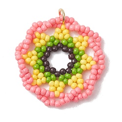 Светло-Коралловый Подвески из стеклянных бусин, Подвески в виде цветов с открытыми соединительными кольцами из нержавеющей стали., реальный 304 k позолоченный, свет коралловый, 18 мм, отверстие : 28.5x4 мм