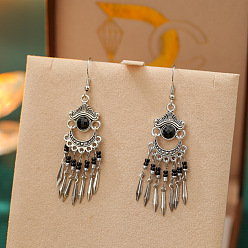 Pink Плоские круглые серьги-люстры в стиле бохо из сплава, стразов и стеклянных бусин, античное серебро, розовые, 90 мм