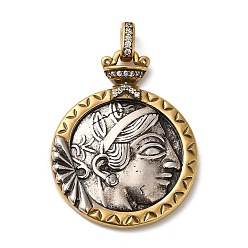 Античный Серебрянный & Античный Золотой Латунь с кубическим цирконием подвеской, долговечный, без кадмия и без свинца, плоские круглые с человека, старинное серебро и античный золотой, 32x25x3.5 мм, отверстие : 5x2.5 мм