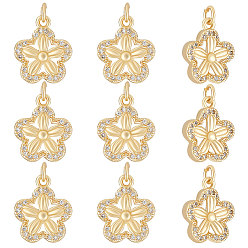 Real 18K Gold Plated 10Pcs Brass Micro Pave Clear Cubic Zirconia Charms, with Jump Ring, Cadmium Free & Lead Free, Flower Charm, Real 18K Gold Plated, 13.5x11.5x3mm, Hole: 2.5mm