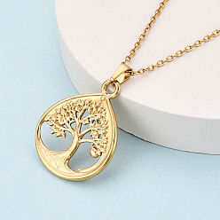 Настоящее золото 18K 304 подвесные из нержавеющей стали ожерелья, слеза с древом жизни, ионное покрытие (ip), реальный 18 k позолоченный, 17.72~18.11 дюйм (45~46 см)