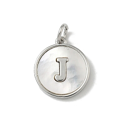 Letter J Латунный паве натуральный ракушка плоский круглый с буквенными подвесками, платина, долговечный, без свинца и без кадмия, стойки покрытие, цвет морской раковины, буква J, 15x13x2 мм, отверстие : 3 мм