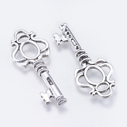 Antique Silver Tibetan Style Pendant Pave Cabochon Settings, Lead Free & Cadmium Free & Nickel Free, Key, Antique Silver, 43x17x3mm, Hole: 4x2mm, Fit for 1~4x1mm rhinestone