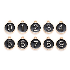 Black Light Gold Plated Alloy Enamel Charms, Enamelled Sequins, Flat Round with Number, Number 0~9, Black, 14.5x12x2.5mm, Hole: 1.4mm, 10pcs/set