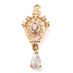Розовый Золотые латунные микро проложить кубического циркония подвески, со стеклом, слезинки, туманная роза, 29x12x3 мм, отверстие : 1.5 мм