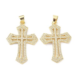 Настоящее золото 18K Латунные микро проложить кубический цирконий подвеска, долговечный, крестик, без свинца и без кадмия, реальный 18 k позолоченный, 31x22x2.5 мм, отверстие : 3.5x5 мм
