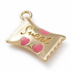 Ярко-Розовый Золотые тона латунные эмалевые подвески, конфеты со словом сладкий, ярко-розовый, 16x13x3 мм, отверстие : 2 мм