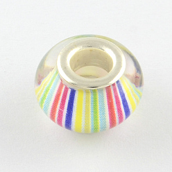 Разноцветный Бусины из смолы европейского стиля с большим отверстием , с двойных ядер серебрянного цвета, рондель, вертикальные полосы шаблон, красочный, 14x9~10 мм, отверстие : 5 мм
