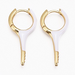 Белый Серьги-кольца из латуни с микропаве из прозрачного кубического циркония, с эмалью, долговечный, леденец, реальный 18 k позолоченный, белые, 27x13.5x3 мм, штифты : 1 мм
