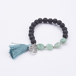 Зеленый Авантюрин Прочистки браслеты шарма, со сплавочной фурнитурой, натуральная лава и зеленые бусины из авантюрина, круглые и самородки и кольца с деревом жизни, 2-1/8 дюйм (55 мм)