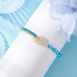 Темно-Голубой Граненый биконусный стеклянный с круглыми стеклянными бусинами плетеные браслеты из бисера, с натуральным цитрином и латунными круглыми бусинами, глубокое синее небо, внутренний диаметр: 2-1/4~3-3/4 дюйм (5.55~9.5 см)