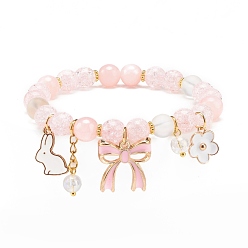 Pink Эластичный браслет из синтетического кракле кварца и натурального желтого нефрита с бусинами, браслет из сплава в форме кролика и банта и с имитацией жемчуга для женщин, розовые, Кулон : 16x9.5x1.5 мм, внутренний диаметр: 2-1/8 дюйм (5.4 см)