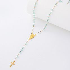 Aquamarine Vintage Resin Rosary Bead Necklaces, 304 Stainless Steel Religion Cross Virgin Pendant Necklaces for Women, Golden, Aquamarine, 20.87 inch(53cm)