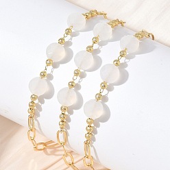 Natural Agate Natural White Agate Faceted Flat Round Beaded Brass Paperclip Chain Bracelets, Long-Lasting Plated, Golden, 8.50 inch(21.6cm)