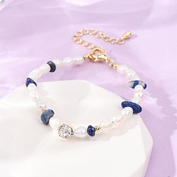 Lapis Lazuli Natural Lapis Lazuli Chip and Rice Natural Pearl Beaded Bracelets, Brass Pave Cubic Zirconia Bracelets, Real 18K Gold Plated, Long-Lasting Plated, Rack Plating, Lead Free & Cadmium Free, 6.50 inch(16.5cm)