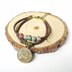 Рыбы 12 браслеты с подвесками в виде созвездий, браслеты из фарфоровых бусин ручной работы для мужчин, плоско-круглые, с плоской искусственной замши шнур, Рыбы, 5-7/8 дюйм (15 см)