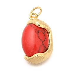 Красный Окрашенные синтетические бирюзовые подвески, овальные амулеты, с латунными оправами и соединительными кольцами, реальный 14 k позолоченный, красные, 18.5x11x6 мм, отверстие : 3 мм