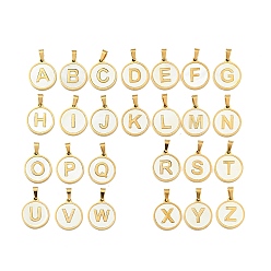 Letter A~Z Вакуумное покрытие pvd 304 нержавеющая сталь с подвесками из белой ракушки, золотые, плоский круглый с подвеской в виде буквы, Письмо ~ Z, 18x16x1.5 мм, отверстие : 3x6 мм