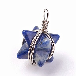 Содалитовое Природные подвески содалитом, с латунной фурнитурой , Звезда Меркабы, платина, 24~27x17x17 мм, отверстие : 3.5~4 мм