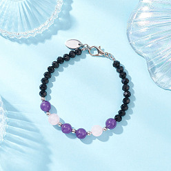 Розовый Кварц Браслеты из натурального розового кварца и стеклянных круглых бусин для женщин, с латунной фурнитурой , 8-5/8 дюйм (22 см)