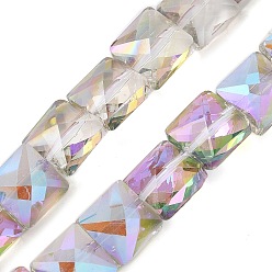 Лиловый Стеклянные бусины с гальваническим покрытием , с половиным покрытием цвета радуги, граненые, квадратный, сирень, 8x8x5.5 мм, отверстие : 0.8 мм, около 49 шт / нитка, 15.55 дюйм (39.5 см)