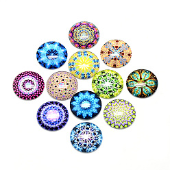 Mixed Color Printed Glass Flat Back Cabochons, Dome/Half Round, Geometric Flower Theme, Mixed Color, 25x6.5mm