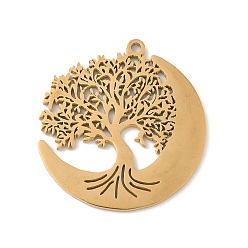 Настоящее золото 18K 304 подвески из нержавеющей стали, Луна с оберегом «Древо жизни», лазерная резка, ионное покрытие (ip), реальный 18 k позолоченный, 33.5x31x1.5 мм, отверстие : 1.8 мм