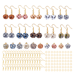 Mixed Color DIY Earring Making, with Handmade Cloth Fabric Covered Round Pendants and Golden Plated Brass Earring Hooks, Mixed Color, Earring Hooks: 19mm, Pin: 0.7mm, 60pcs/set