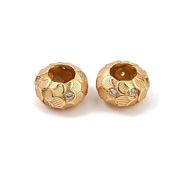 Plaqué 18K Or Véritable 925 Perles européennes en argent sterling serties de micro-pavés de zircone cubique transparente, perles rondelles texturées à gros trou, crémaillère plaquage, plaqué longue durée, réel 18 k plaqué or, 8x5mm, Trou: 4mm