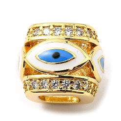 Белый Реечное покрытие латунь микро паве кубический цирконий европейские бусины, с эмалью, бусины с большим отверстием, без свинца и без кадмия, бочка со сглазом, реальный 18 k позолоченный, белые, 10x12x12 мм, отверстие : 5.5 мм