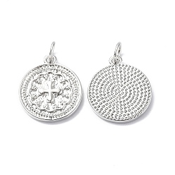Platinum Brass Pendants, Cadmium Free & Lead Free, Textured, Flat Round with Cross Charm, Platinum, 16x14x2mm, Ring: 5x0.8mm, Hole: 3.3mm