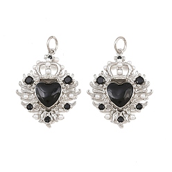 Platinum Brass Micro Pave Black Cubic Zirconia Pendants, with Black Enamel & ABS Plastic Imitation Pearl, Heart with Crown Charms, Cadmium Free & Lead Free, Rack Plating, Long-Lasting Plated, Platinum, 23.5x19x5.5mm, Hole: 3mm