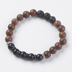 Зеленый Голдстоун Натуральные и синтетические бусины из вулканического камня и зеленого голдстоуна, эластичные браслеты, с бусинами из дерева венге, поиск кокоса и сплавов, 2 дюйм (50~52 мм)