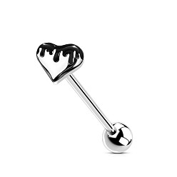 Сердце 304 Прямые кольца для языка из нержавеющей стали с эмалированным покрытием, цвет нержавеющей стали, чёрные, сердце, штифты : 1.6 мм, Руководитель: 5 mm, длина стержня: 5/8"(16мм)