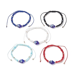 Mixed Color Glass Hamsa Hand with Evil Eye Braided Bead Bracelet for Women, Mixed Color, Inner Diameter: 1-3/4~3-3/8 inch(4.6~8.5cm)