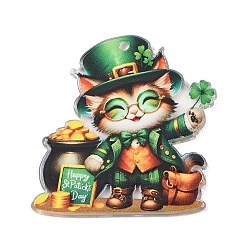Cat Shape Непрозрачные акриловые подвески с принтом ко Дню Святого Патрика, форма кошки, 35x35.5x2.5 мм, отверстие : 1.8 мм