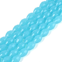 Sky Blue Imitation Jade Glass Beads Strands, Rice, Faceted, Sky Blue, 8~9x5~6mm, Hole: 0.9~1mm, about 67~68pcs/strand, 22.83~23.62 inch(58~60cm)
