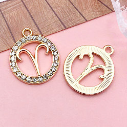 Овен Подвески из хрусталя из цинкового сплава, плоско-круглые, созвездие, золотой свет, Овен, 21x18 мм