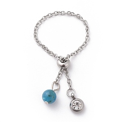 304 Stainless Steel Einstellbare Fingerringe aus 304 Edelstahl, Schieberegler Ringe, mit natürlichen Apatitperlen und Strass, Edelstahl Farbe, 96 mm