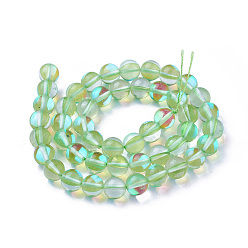 Light Green Synthetic Moonstone Beads Strands, Dyed, Holographic Beads, Half AB Color Plated, Round, Light Green, 8mm, Hole: 1mm, about 49pcs/strand, 15 inch