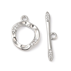 Real Platinum Plated Brass Micro Pave Clear Cubic Zirconia Toggle Clasps, Cadmium Free & Nickel Free & Lead Free, Irregular Ring, Real Platinum Plated, Ring: 17.5x13x2.5mm, Hole: 1.8mm, Bar: 24.5x5x2mm, Hole: 1.8mm