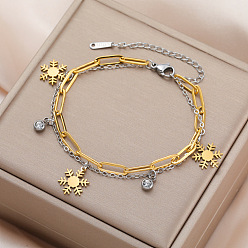 Золотой Рождество 304 Браслеты из нержавеющей стали с цепочкой из скрепки, двухслойные, Браслеты с подвесками в виде снежинок и кубического циркония для женщин, два тона, золотые, 6.69 дюйм (17 см)