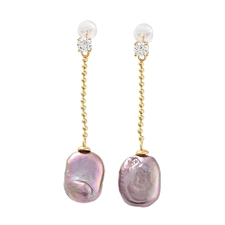 Real 18K Gold Plated Rectangle Natural Pearl Earrings for Women, Sterling Silver Micro Pave Cubic Zirconia Dangle Earrings, Real 18K Gold Plated, 46x10.5~12mm