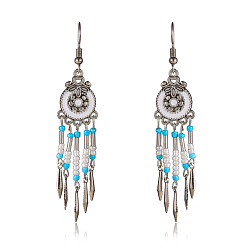 Белый Серьги-люстры с кисточками, выполненные из сплава и эмали в богемном стиле, со стеклянными бисеринами, античное серебро, белые, 50x15 мм