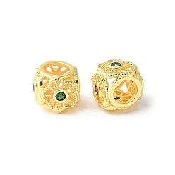 Золотой Латунный микропаве кубический цирконий европейский шарик, Кубик с цветком, бусины с большим отверстием, стойки покрытие, прочное покрытие, без кадмия и без свинца, золотые, 7.5x9.5x8.5 мм, отверстие : 4.5 мм