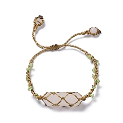 Розовый Кварц Браслет из плетеных бусин из натурального розового кварца, регулируемый браслет из нейлоновой сумки макраме, внутренний диаметр: 1-7/8~3-3/8 дюйм (4.8~8.6 см)