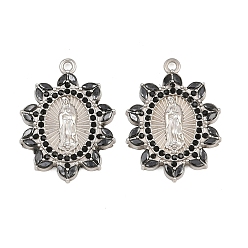 Jet 304 Stainless Steel Rhinestone Pendants, Flower with Virgin Mary Charms, Stainless Steel Color, Jet, 26.5x20x3mm, Hole: 1.7mm