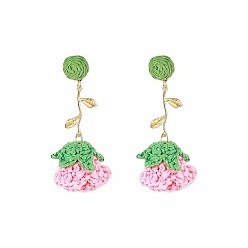 Pink Bohemia Raffia & Alloy Stud Dangle Earrings, Flower, Golden, Pink, 75x25mm